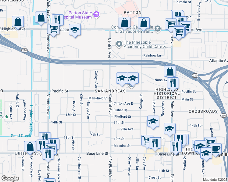 map of restaurants, bars, coffee shops, grocery stores, and more near Pacific Street in Highland