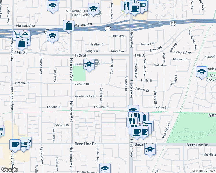 map of restaurants, bars, coffee shops, grocery stores, and more near 10349 Victoria Street in Rancho Cucamonga