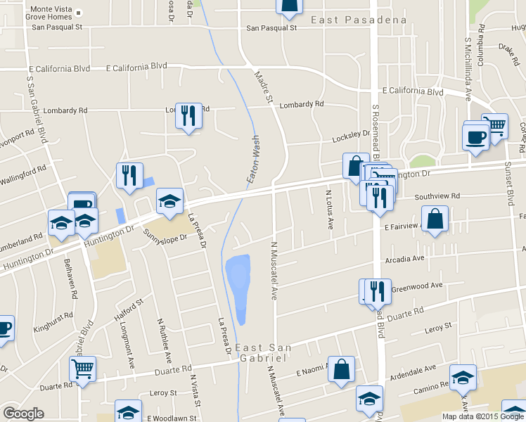 map of restaurants, bars, coffee shops, grocery stores, and more near 7145 North Muscatel Avenue in San Gabriel