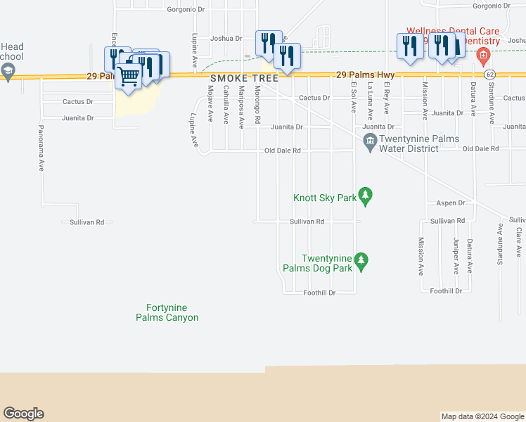 map of restaurants, bars, coffee shops, grocery stores, and more near 6869 Morongo Road in Twentynine Palms