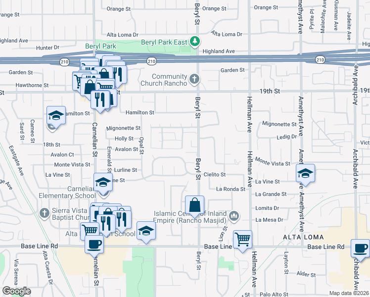 map of restaurants, bars, coffee shops, grocery stores, and more near 9020 La Verne Drive in Rancho Cucamonga