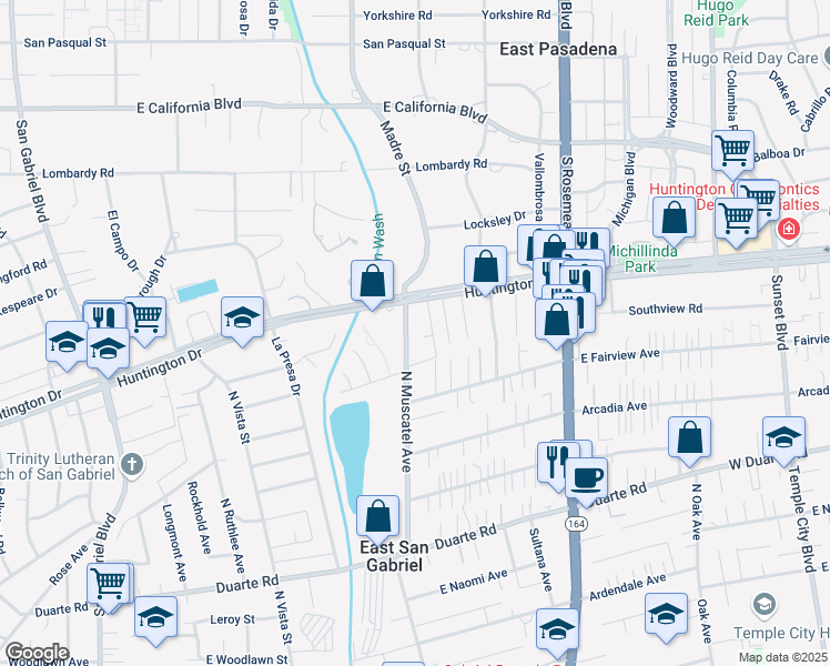 map of restaurants, bars, coffee shops, grocery stores, and more near 7140 North Muscatel Avenue in San Gabriel