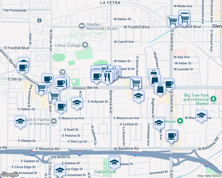 map of restaurants, bars, coffee shops, grocery stores, and more near 371 Barranca Avenue in Azusa