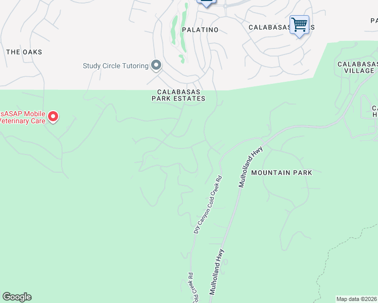 map of restaurants, bars, coffee shops, grocery stores, and more near 3347 Paseo Del Sol in Calabasas