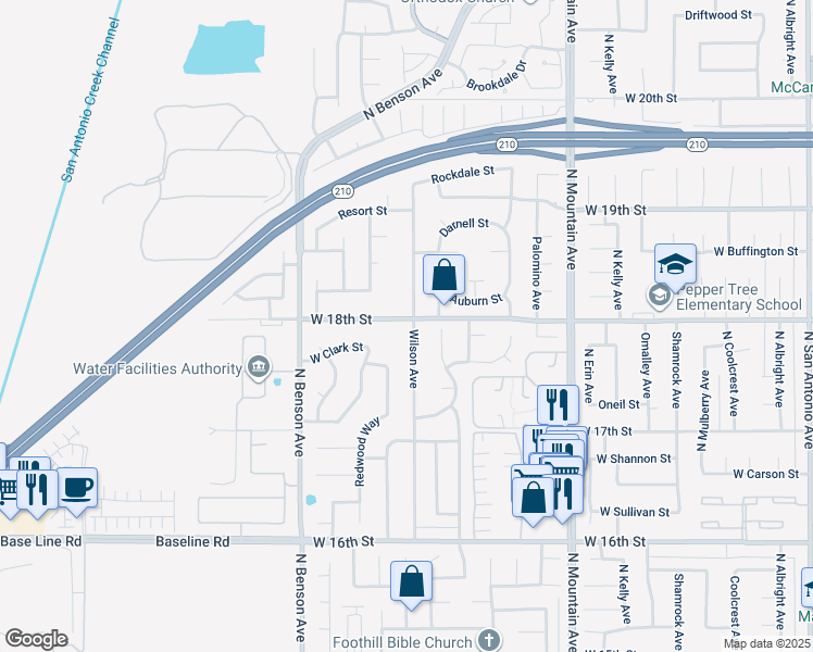 map of restaurants, bars, coffee shops, grocery stores, and more near 1795 Wilson Avenue in Upland