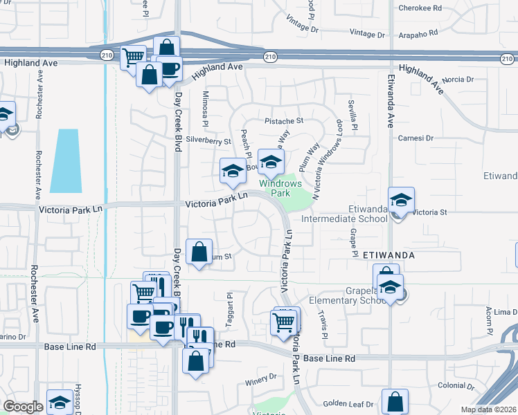 map of restaurants, bars, coffee shops, grocery stores, and more near 6921 Dahlia Court in Rancho Cucamonga