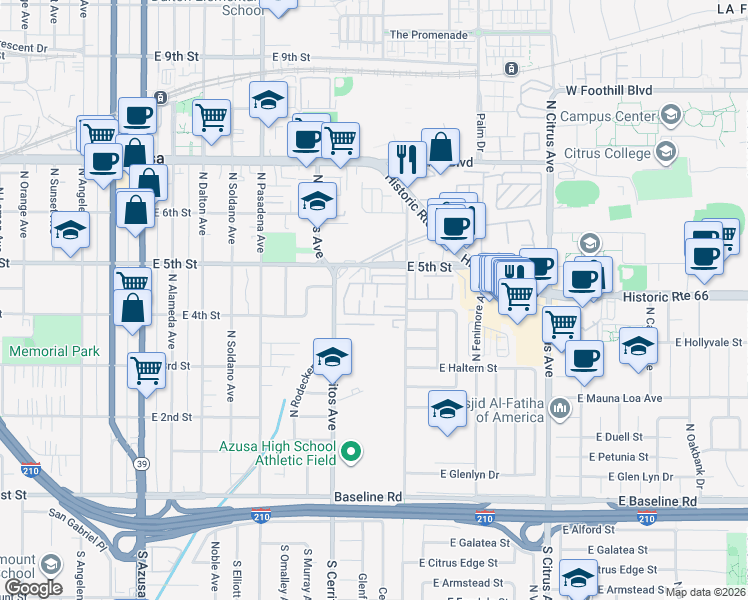 map of restaurants, bars, coffee shops, grocery stores, and more near 604 East Matchwood Place in Azusa