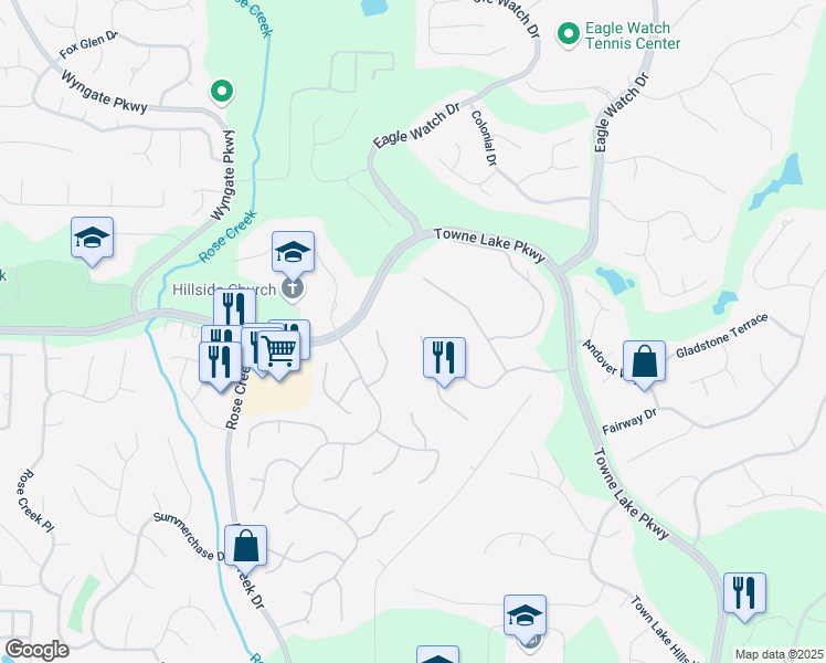 map of restaurants, bars, coffee shops, grocery stores, and more near 5039 Towne Lake Hill North in Woodstock