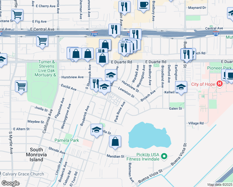 map of restaurants, bars, coffee shops, grocery stores, and more near 823 Newington Street in Duarte