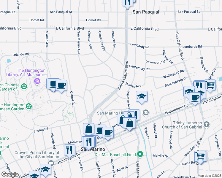 map of restaurants, bars, coffee shops, grocery stores, and more near 2370 Montecito Drive in San Marino