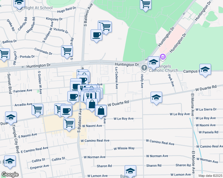 map of restaurants, bars, coffee shops, grocery stores, and more near 518 Fairview Avenue in Arcadia