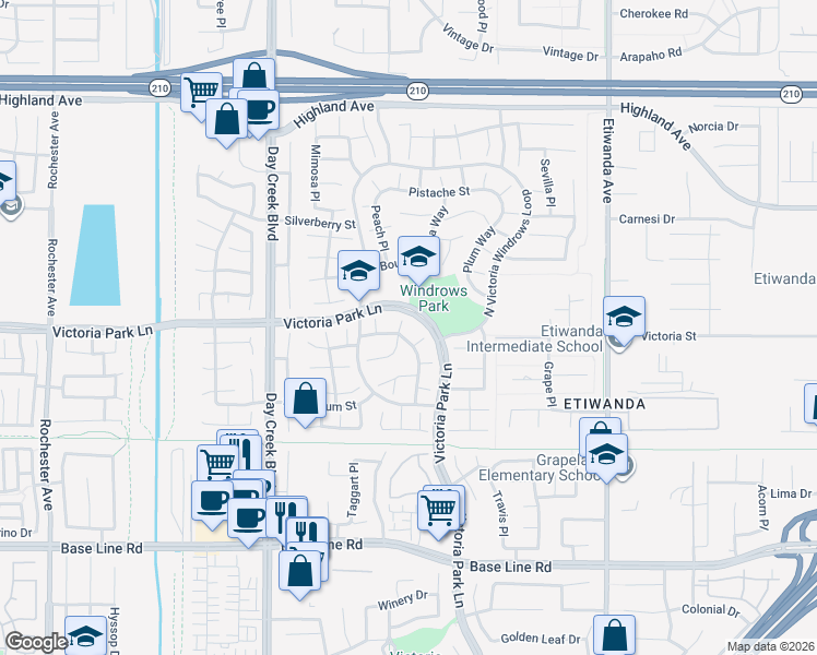 map of restaurants, bars, coffee shops, grocery stores, and more near 6921 Dahlia Ct in Rancho Cucamonga