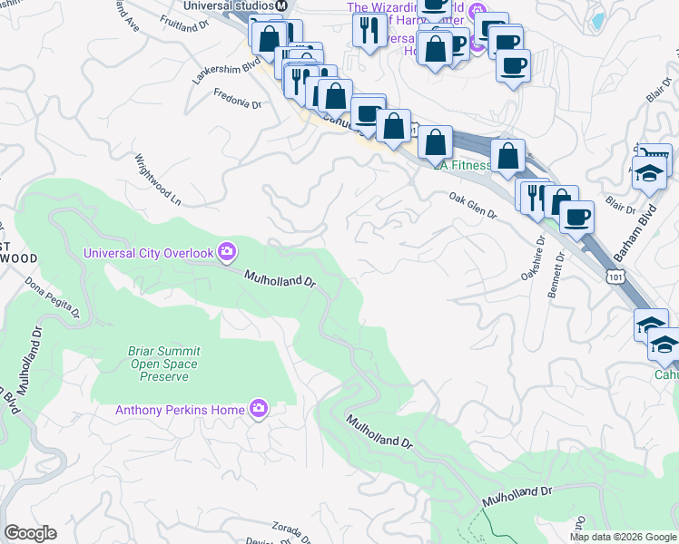 map of restaurants, bars, coffee shops, grocery stores, and more near 3518 Multiview Drive in Los Angeles