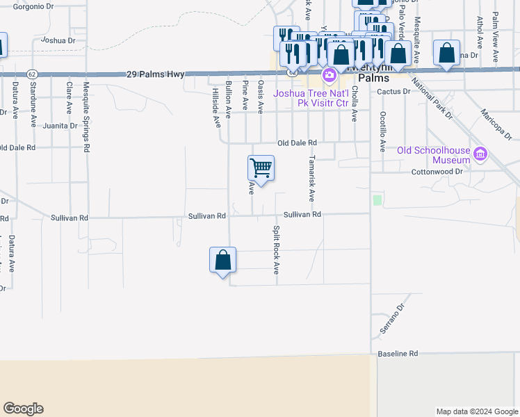 map of restaurants, bars, coffee shops, grocery stores, and more near 73377 Sullivan Road in Twentynine Palms