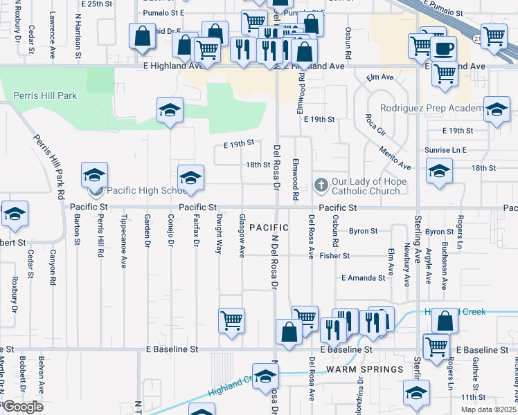 map of restaurants, bars, coffee shops, grocery stores, and more near 25254 Anson Street in San Bernardino