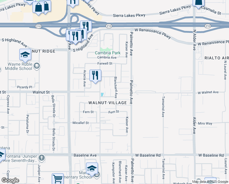 map of restaurants, bars, coffee shops, grocery stores, and more near 17212 Cerritos Street in Fontana
