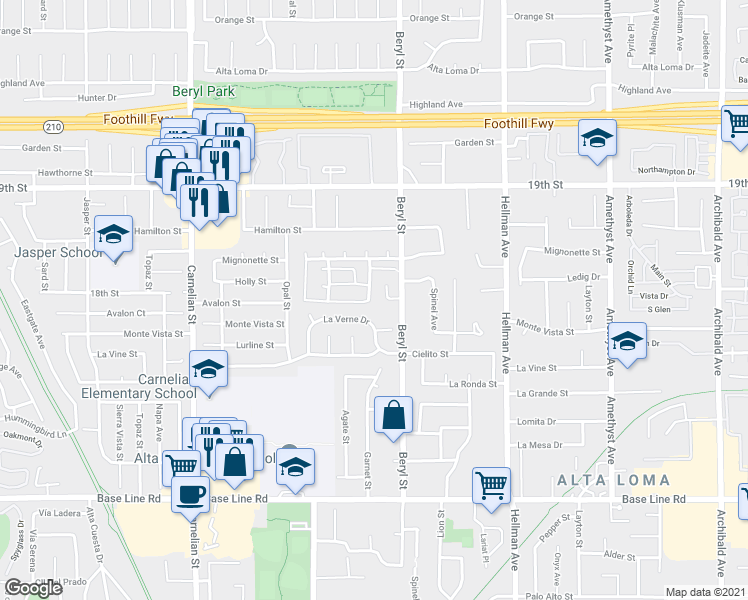 map of restaurants, bars, coffee shops, grocery stores, and more near 9020 La Verne Drive in Rancho Cucamonga