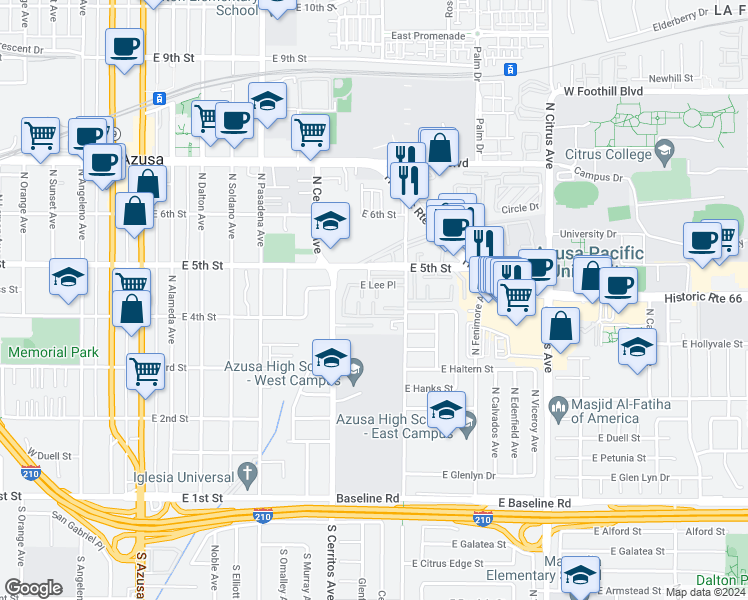 map of restaurants, bars, coffee shops, grocery stores, and more near 604 East Matchwood Place in Azusa