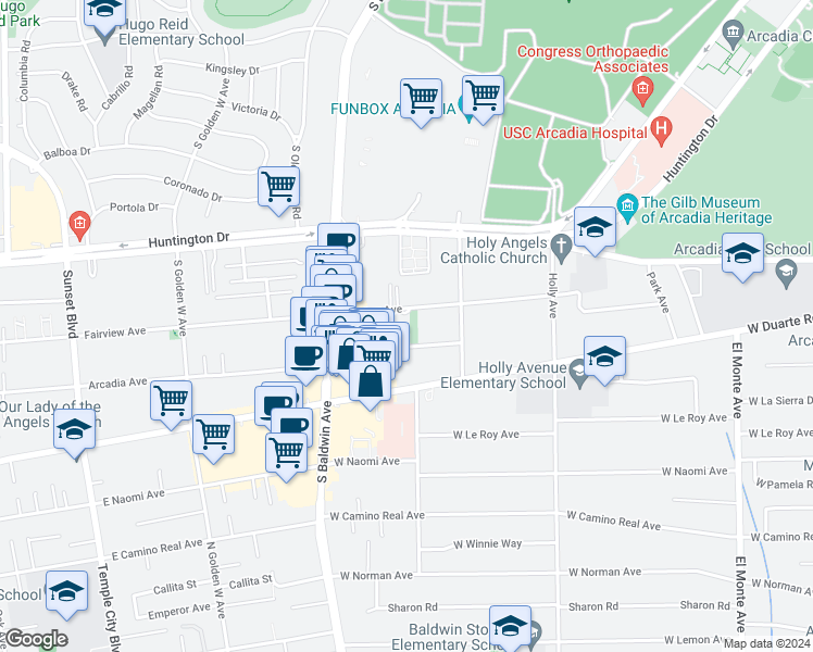 map of restaurants, bars, coffee shops, grocery stores, and more near 535 Arcadia Avenue in Arcadia
