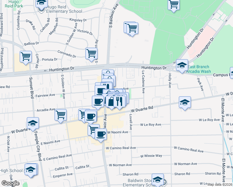 map of restaurants, bars, coffee shops, grocery stores, and more near 636 Arcadia Avenue in Arcadia