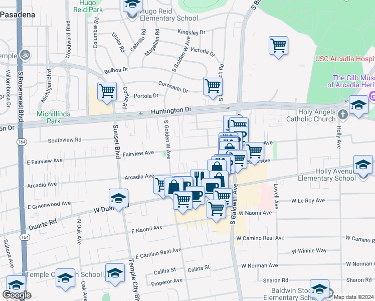 map of restaurants, bars, coffee shops, grocery stores, and more near 838 Fairview Avenue in Arcadia