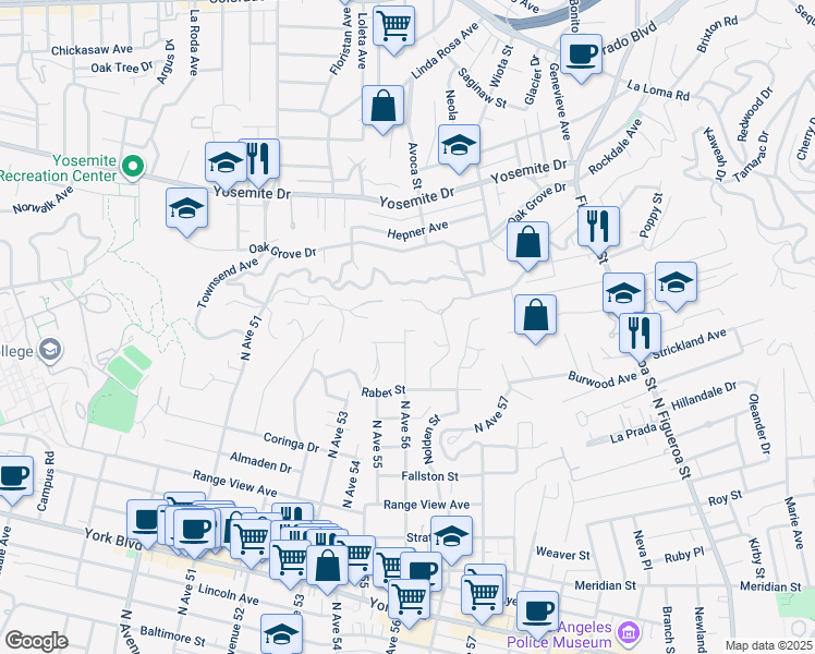map of restaurants, bars, coffee shops, grocery stores, and more near 5520 Nordyke Street in Los Angeles