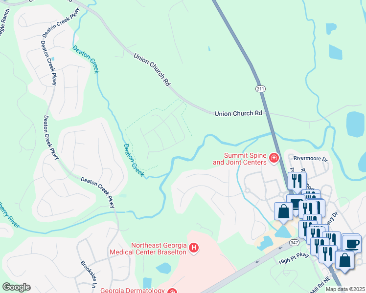 map of restaurants, bars, coffee shops, grocery stores, and more near 5876 Hackberry Lane in Braselton