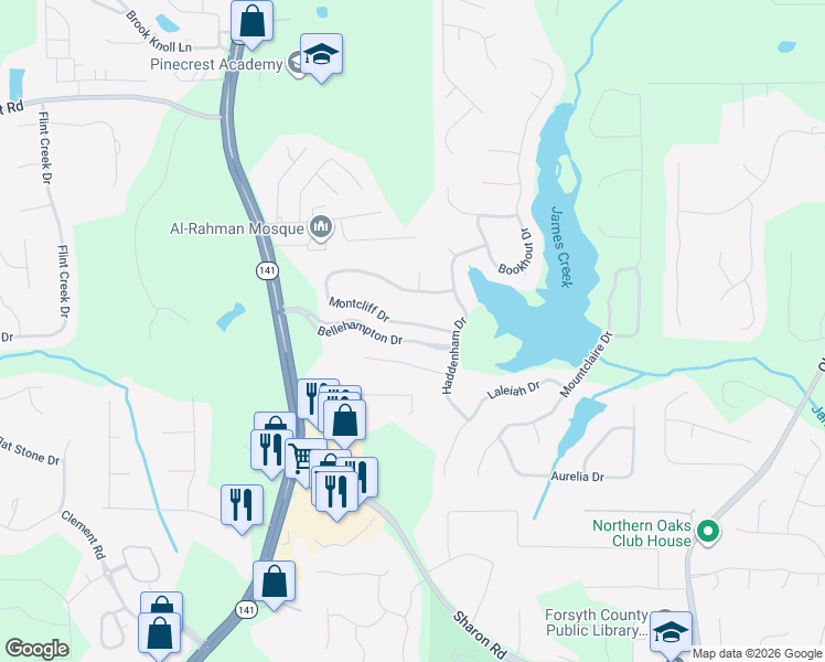 map of restaurants, bars, coffee shops, grocery stores, and more near 1790 Montcliff Drive in Cumming