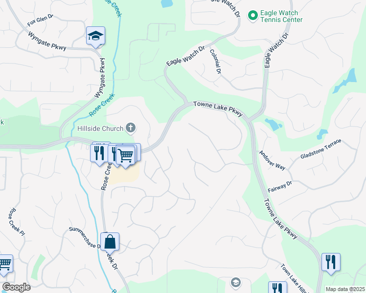 map of restaurants, bars, coffee shops, grocery stores, and more near 5039 Towne Lake Hill North in Woodstock
