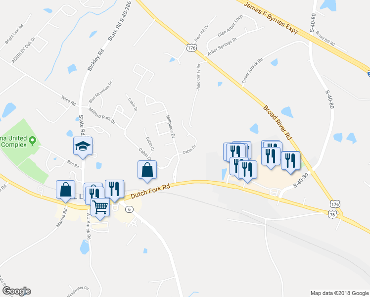 map of restaurants, bars, coffee shops, grocery stores, and more near 166 Cabin Drive in Irmo