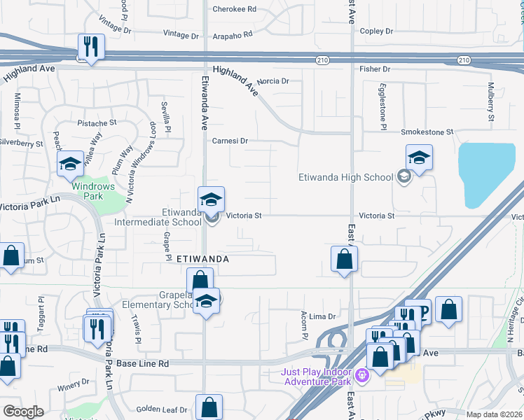 map of restaurants, bars, coffee shops, grocery stores, and more near 13044 Victoria Street in Rancho Cucamonga