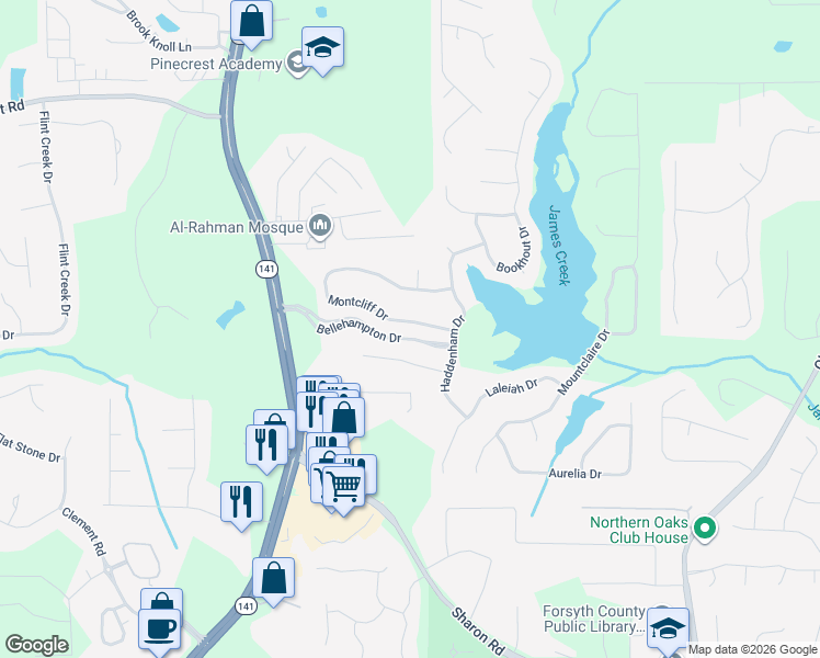 map of restaurants, bars, coffee shops, grocery stores, and more near 1790 Montcliff Drive in Cumming