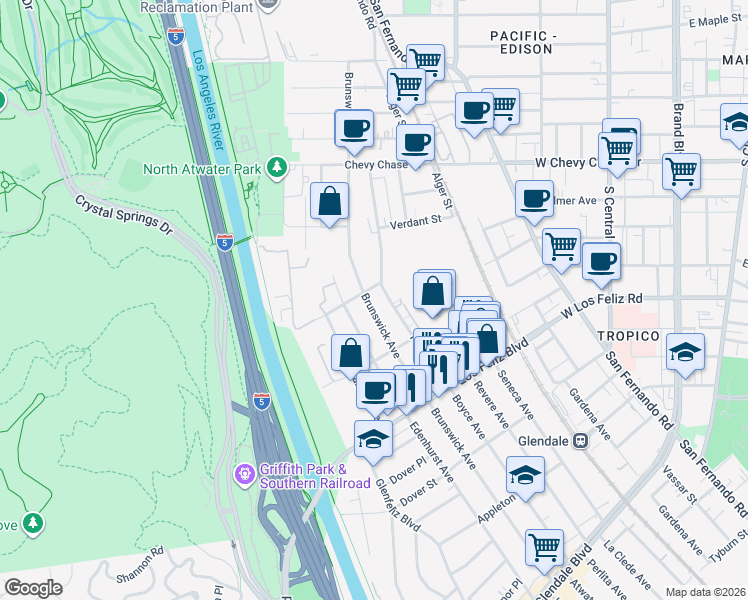 map of restaurants, bars, coffee shops, grocery stores, and more near 4167 Brunswick Avenue in Los Angeles