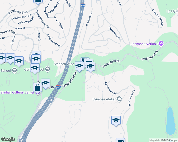 map of restaurants, bars, coffee shops, grocery stores, and more near 15500 Stephen S Wise Drive in Los Angeles