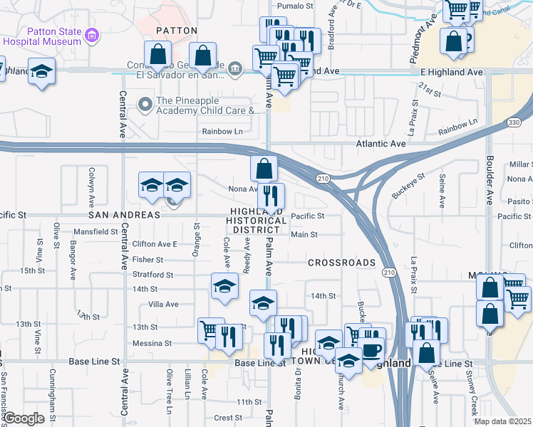 map of restaurants, bars, coffee shops, grocery stores, and more near 26795 Pacific Street in Highland