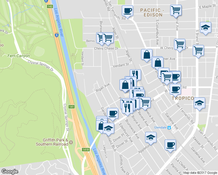 map of restaurants, bars, coffee shops, grocery stores, and more near 4167 Brunswick Avenue in Los Angeles