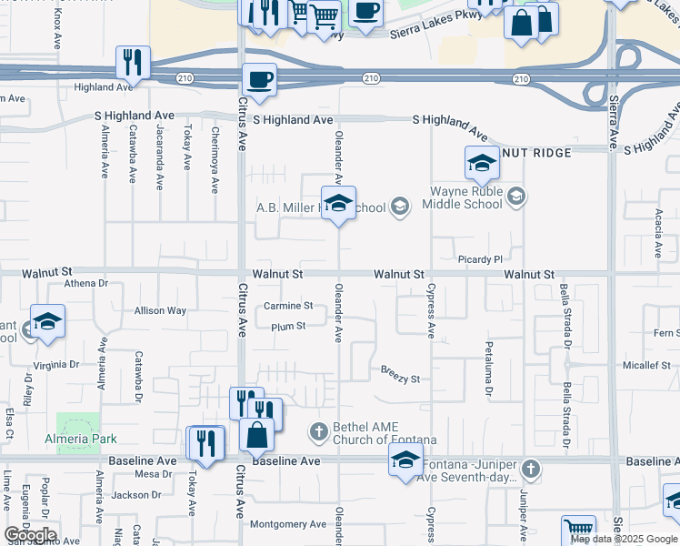 map of restaurants, bars, coffee shops, grocery stores, and more near 6821 Oleander Avenue in Fontana