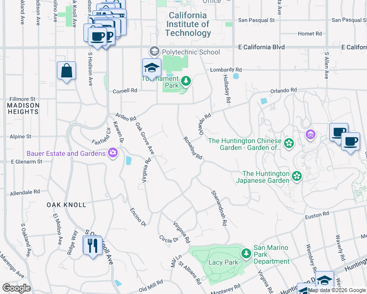 map of restaurants, bars, coffee shops, grocery stores, and more near 1001 Rosalind Road in San Marino