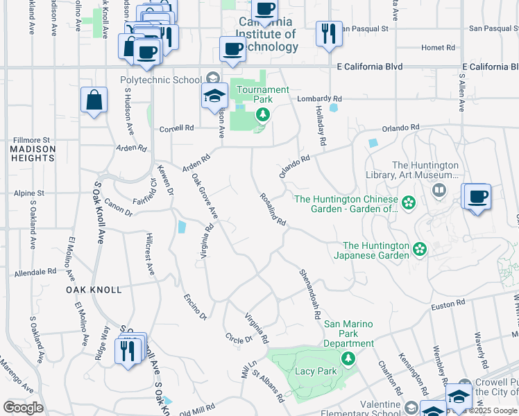 map of restaurants, bars, coffee shops, grocery stores, and more near 999 Rosalind Road in San Marino