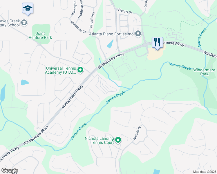 map of restaurants, bars, coffee shops, grocery stores, and more near 4615 Wildener Way in Cumming