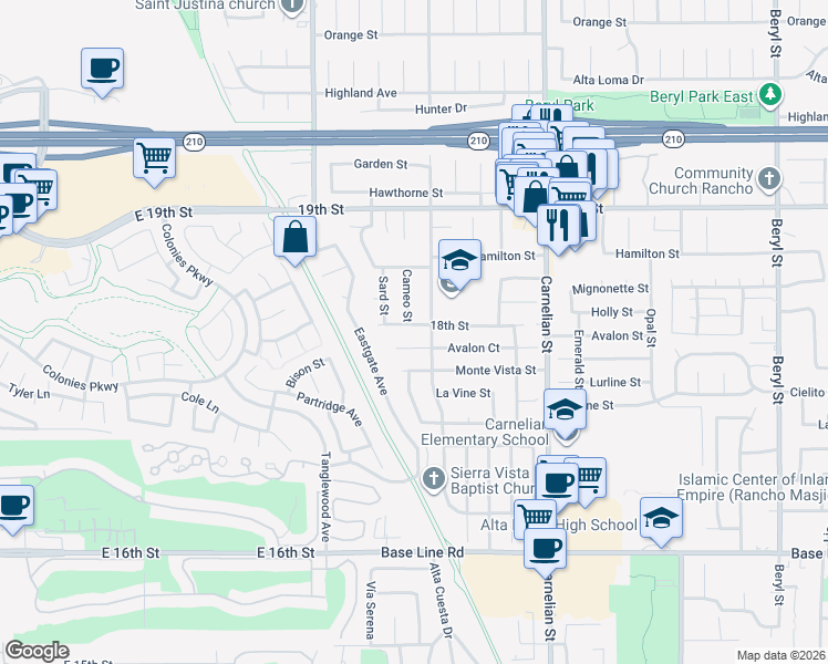 map of restaurants, bars, coffee shops, grocery stores, and more near 8469 18th Street in Rancho Cucamonga