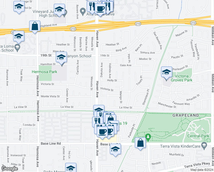 map of restaurants, bars, coffee shops, grocery stores, and more near 6910 Valinda Avenue in Rancho Cucamonga