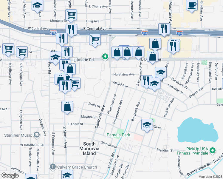map of restaurants, bars, coffee shops, grocery stores, and more near 2049 Flagstone Avenue in Duarte