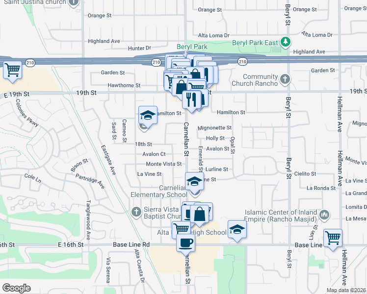map of restaurants, bars, coffee shops, grocery stores, and more near 6910 Carnelian Street in Rancho Cucamonga