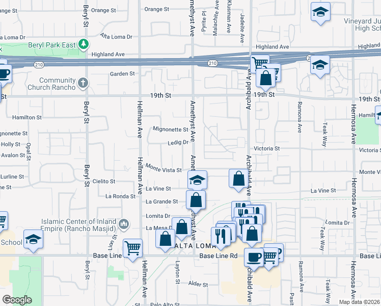 map of restaurants, bars, coffee shops, grocery stores, and more near 6916 Amethyst Avenue in Rancho Cucamonga