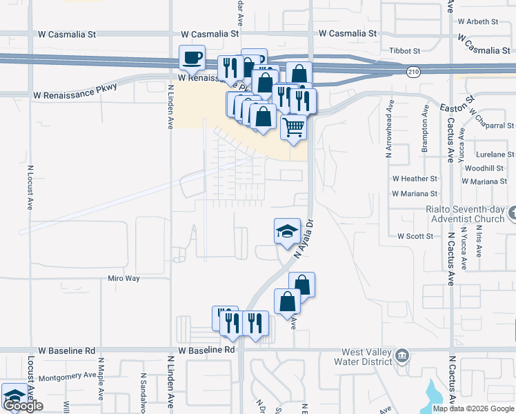 map of restaurants, bars, coffee shops, grocery stores, and more near 1204 Yeager Avenue in Rialto