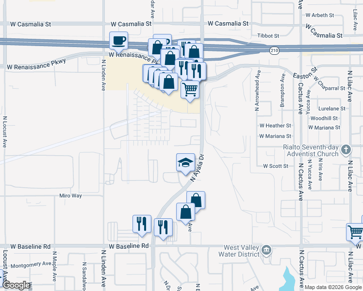 map of restaurants, bars, coffee shops, grocery stores, and more near Leiske Drive in Rialto