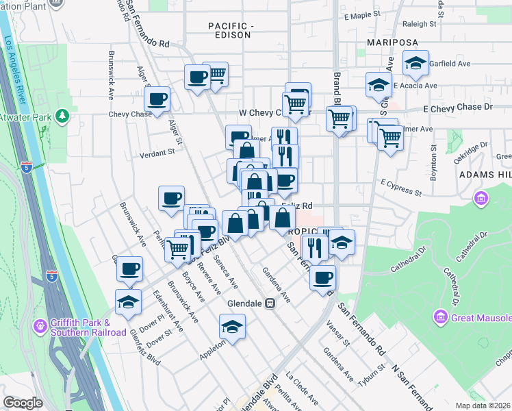 map of restaurants, bars, coffee shops, grocery stores, and more near 4013 San Fernando Road in Glendale