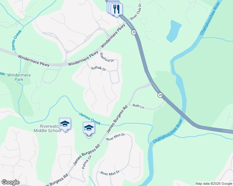 map of restaurants, bars, coffee shops, grocery stores, and more near 3775 Sweeting Street in Cumming