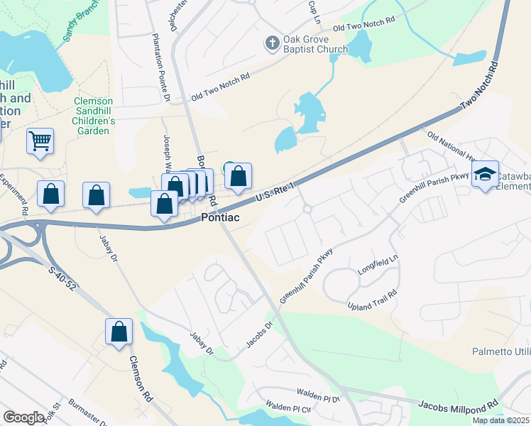map of restaurants, bars, coffee shops, grocery stores, and more near 10616 Two Notch Road in Elgin